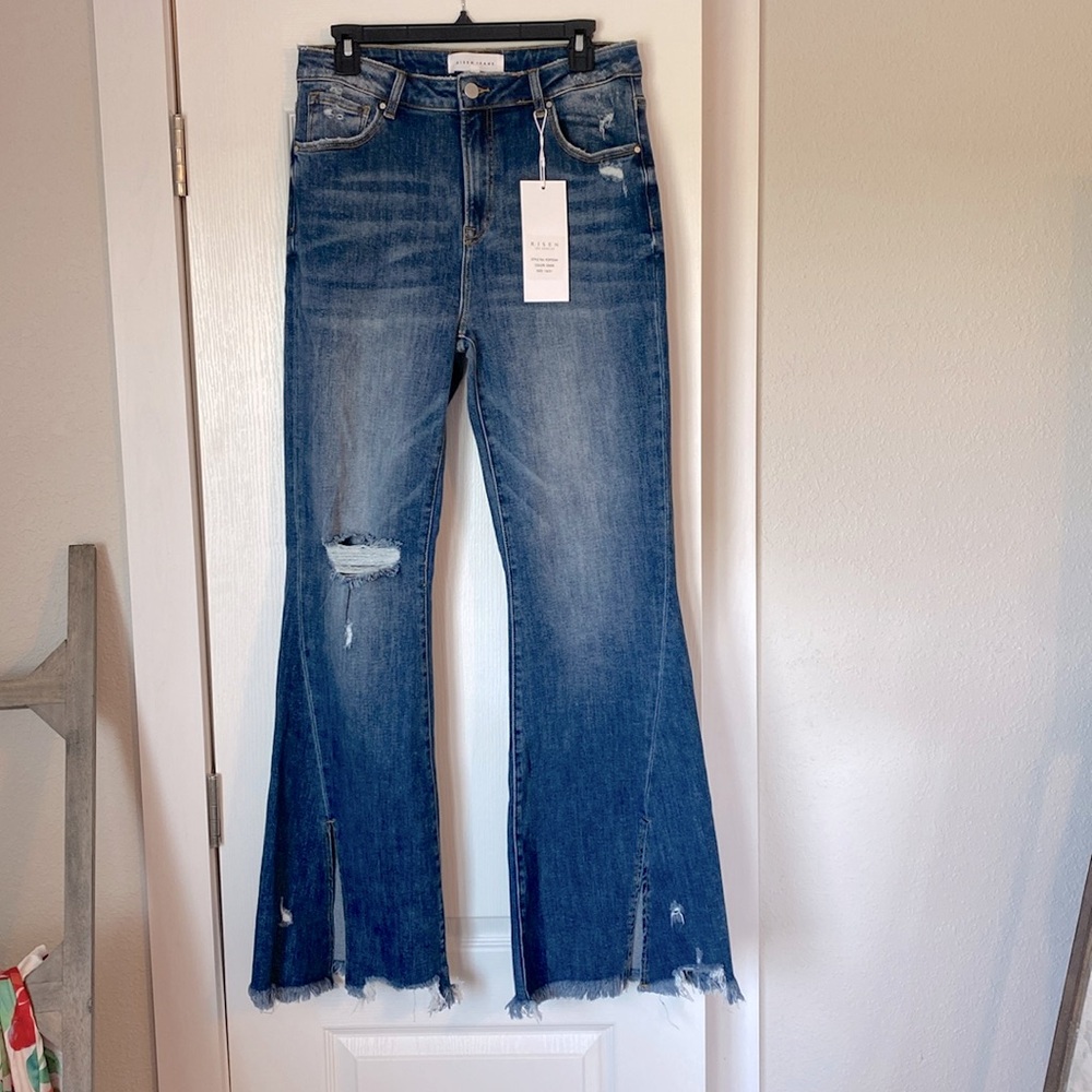 Risen high rise split front flare jeans NWT